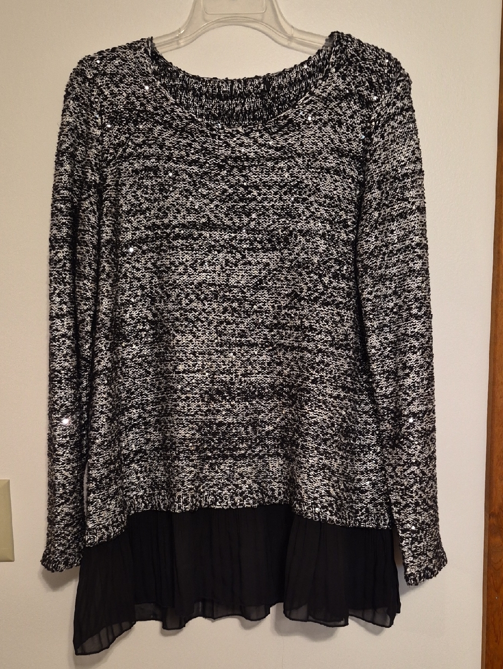 Black & Silver Marled Knit Sweater with Sequins & Chiffon Hem - Women Sz XL